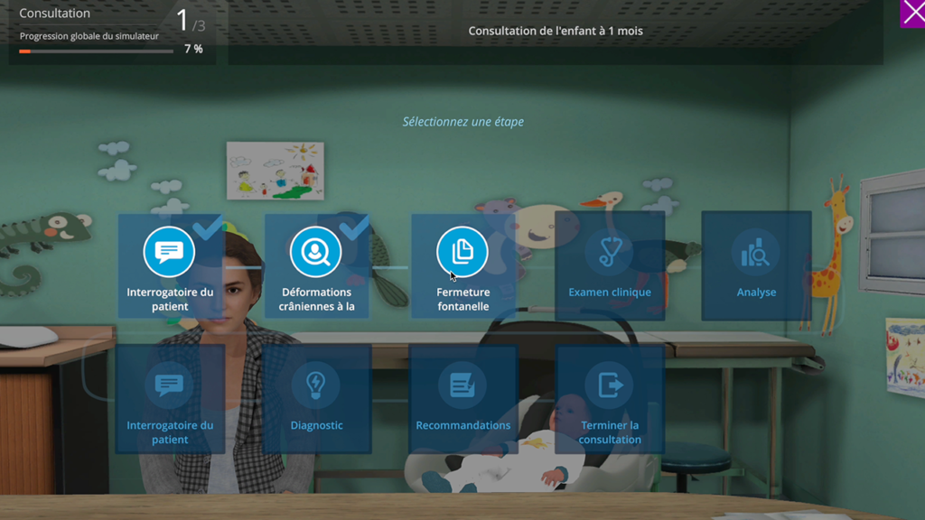 Photo du simulateur numérique Culture du doute 1 l Module 1 représentant le chemin de consultation du nourrisson qui présente une malformation crânienne